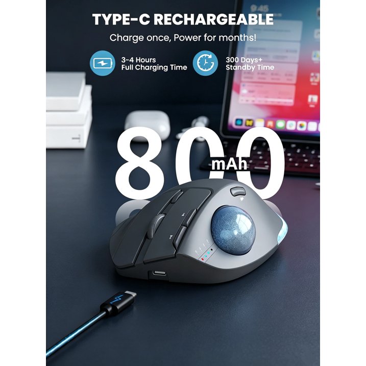 Ergonomic Wireless Trackball Mouse, Adjustable Angle, Thumb Control, Quiet Click, Rechargeable, Multi-Device Bluetooth & USB, for Windows Mac-Grey Ball