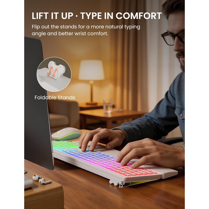 Wireless Keyboard and Mouse Combo, Rechargeable RGB Backlit with Light Up Letters, for Mac, Windows, PC & Laptop, Pastel Pink