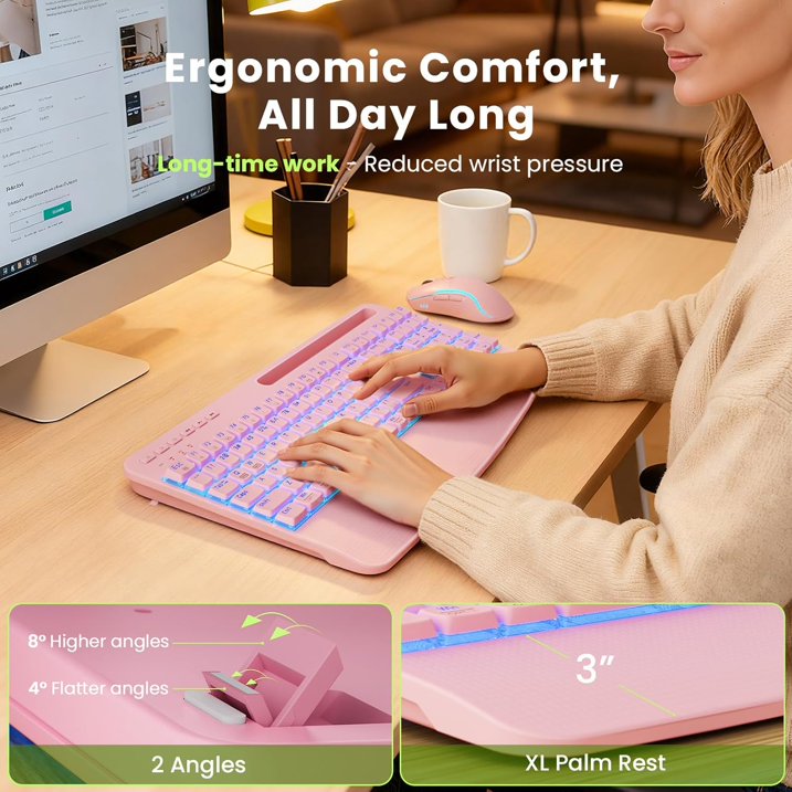 Rechargeable Backlit Wireless Keyboard and Mouse Combo, Ergonomic with Wrist Rest & Phone Holder, Silent for Windows/Mac/Chrome OS - Pink