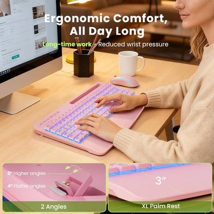 Rechargeable Backlit Wireless Keyboard and Mouse Combo, Ergonomic with Wrist Rest & Phone Holder, Silent for Windows/Mac/Chrome OS - Pink