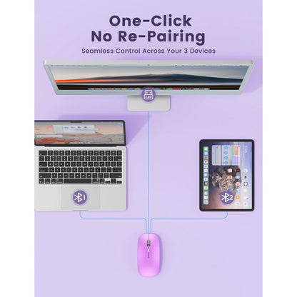 Bluetooth Wireless Mouse for MacBook, iPad, Laptop, Tri-Mode Rechargeable Silent Slim Computer Mouse for 3 Devices with USB & USB-C，Purple