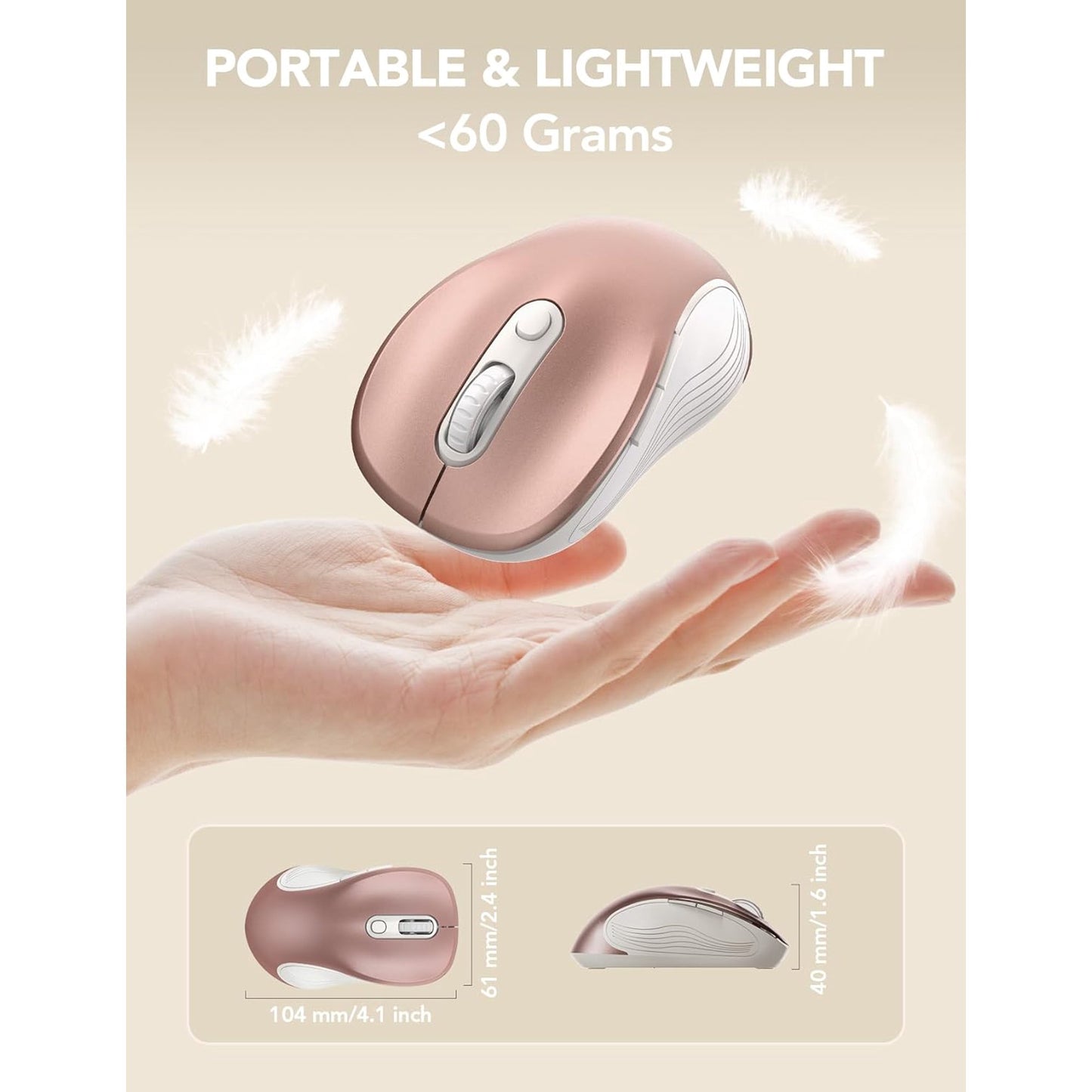 Wireless Mouse for Laptop, Ergonomic Silent Computer Mouse with USB & USB-C, 3 DPI 6 Buttons,Rose Gold