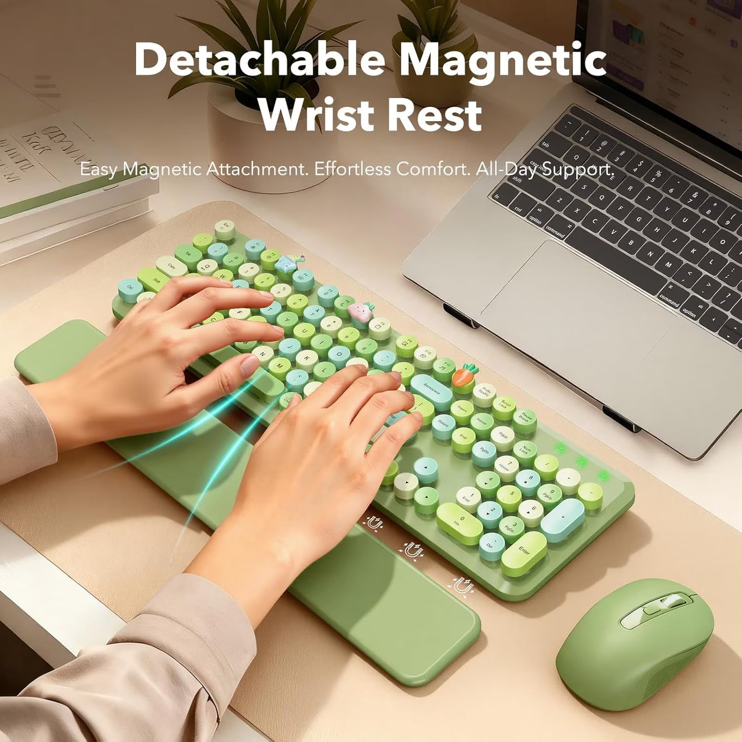 Wireless Keyboard and Mouse Combo Latte, Retro Round Keycaps, Full Size with Detachable Wrist Rest, 2.4G for PC Mac Windows