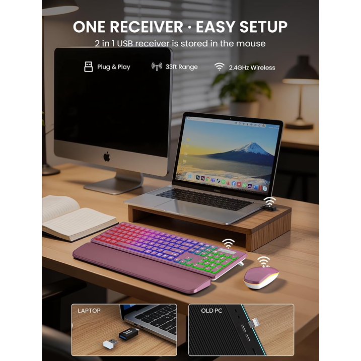 Wireless Keyboard and Mouse Combo, Rechargeable RGB Backlit with Light Up Letters, for Mac, Windows, PC & Laptop, Berry Red