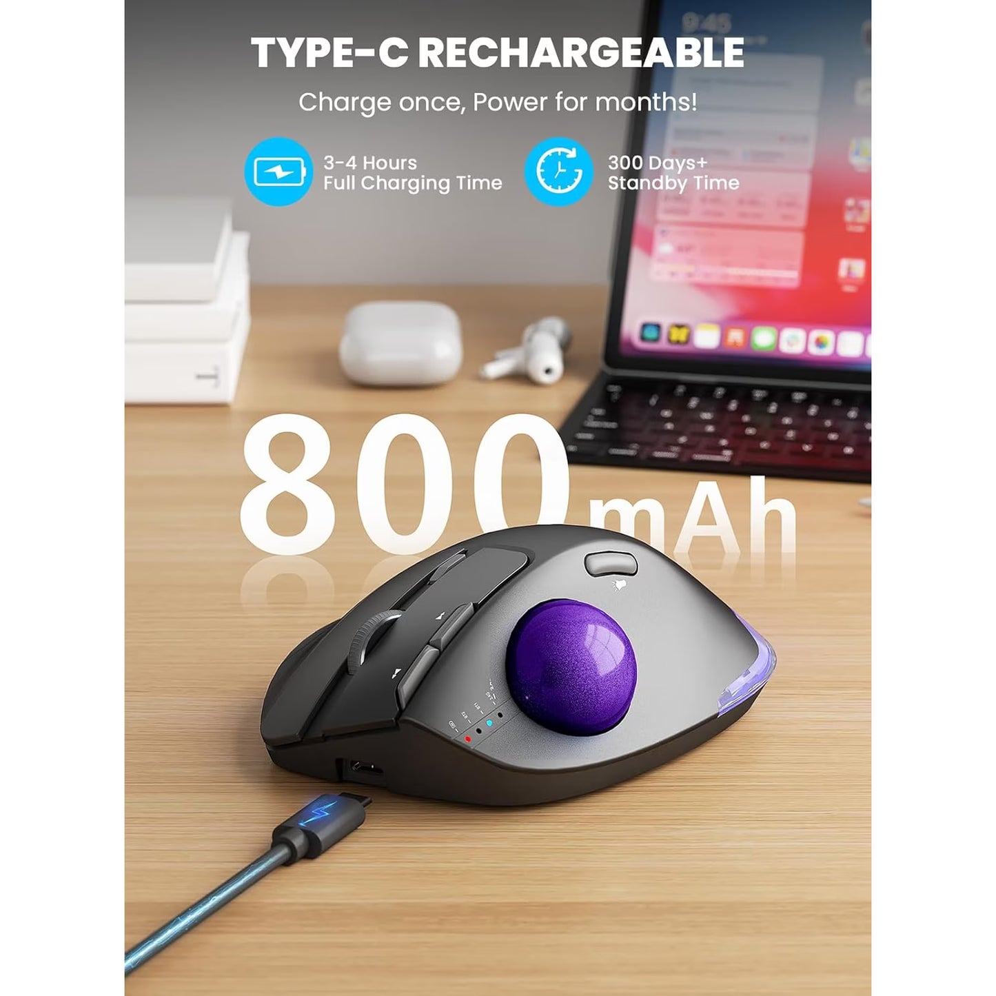 Ergonomic Wireless Trackball Mouse, Adjustable Angle, Thumb Control, Quiet Click, Rechargeable, Multi-Device Bluetooth & USB, for Windows Mac-Purple Ball