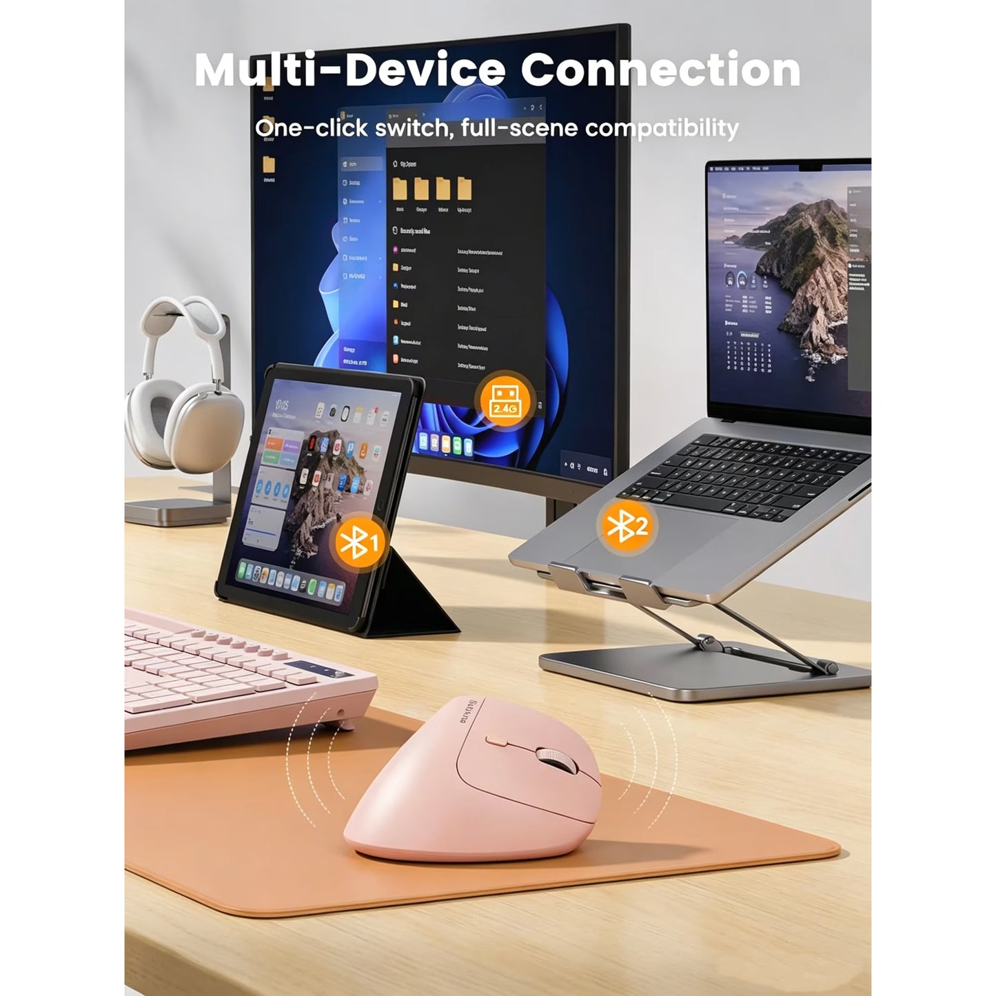Ergonomic Vertical Mouse, Rechargeable Wireless Bluetooth Mouse for Small & Medium Hands, 4 Adjustable DPI Silent Click, Dual-Device Connection, Auto Sleep for Windows Mac OS, Pink