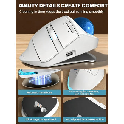 Ergonomic Wireless Trackball Mouse, Adjustable Angle, Thumb Control, Quiet Click, Rechargeable, Multi-Device Bluetooth & USB, for Windows Mac-White Ball