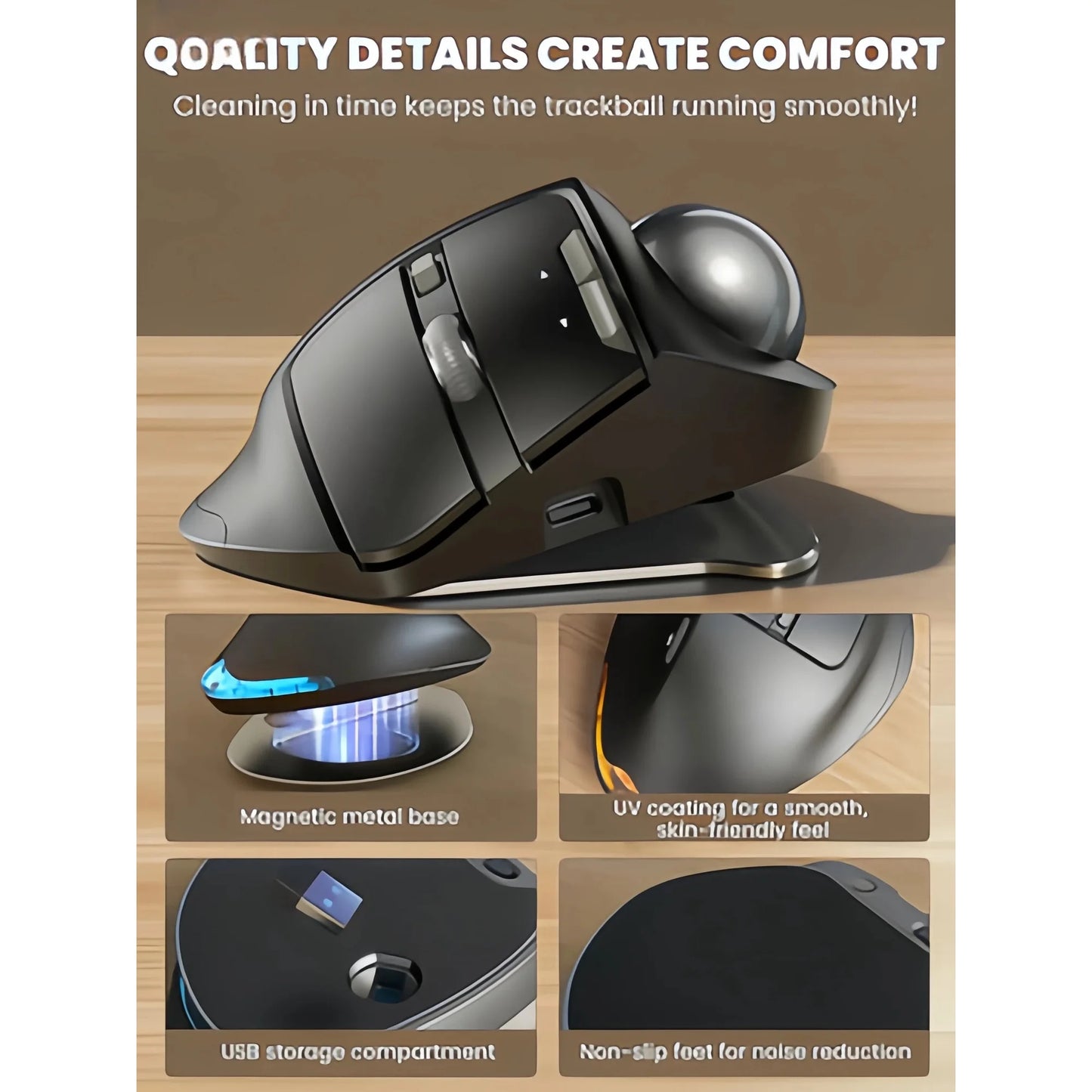 Ergonomic Wireless Trackball Mouse, Adjustable Angle, Thumb Control, Quiet Click, Rechargeable, Multi-Device Bluetooth & USB, for Windows Mac-Blue Ball