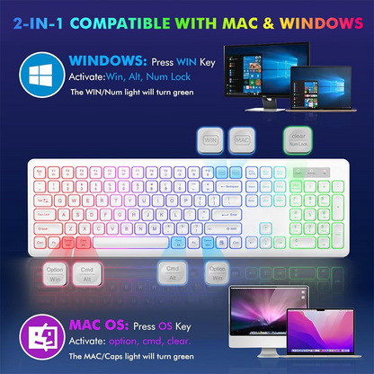 Wagpak Wireless Keyboard 7 Color Backlit Wrist Rest Rechargeable 112 Keys Quiet Keyboard White