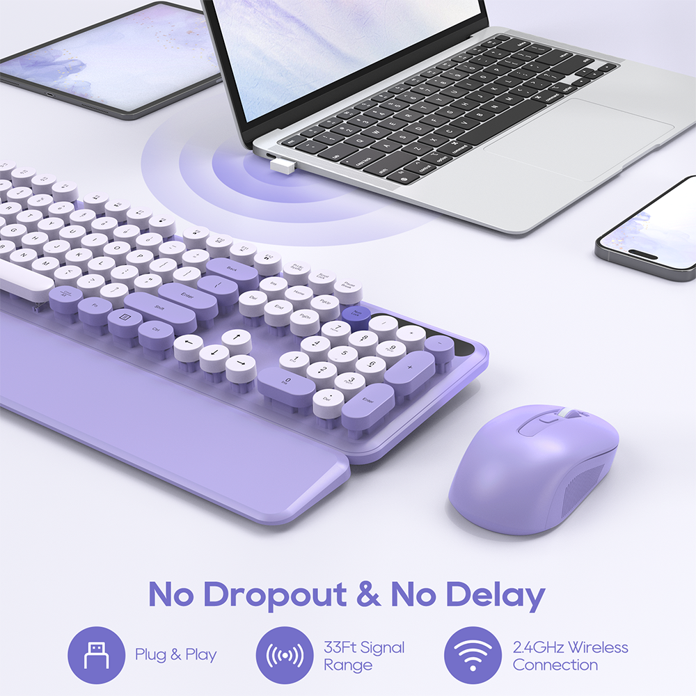 Wireless Keyboard & Mouse Set (Purple) – Retro Round Keycaps, Detachable Wrist Rest, 2.4GHz Cordless Connection for Mac/Windows/PC