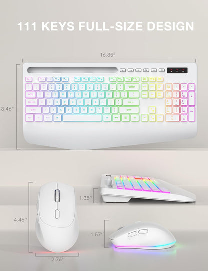 Wireless Keyboard and Mouse Combo with 9 Backlit, Wrist Rest & Phone Holder, White