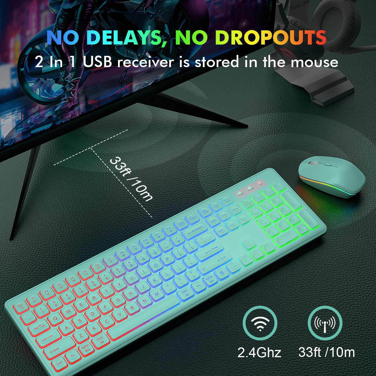 Wagpak Backlit Keys Computer Keyboard & Mouse, Green, New