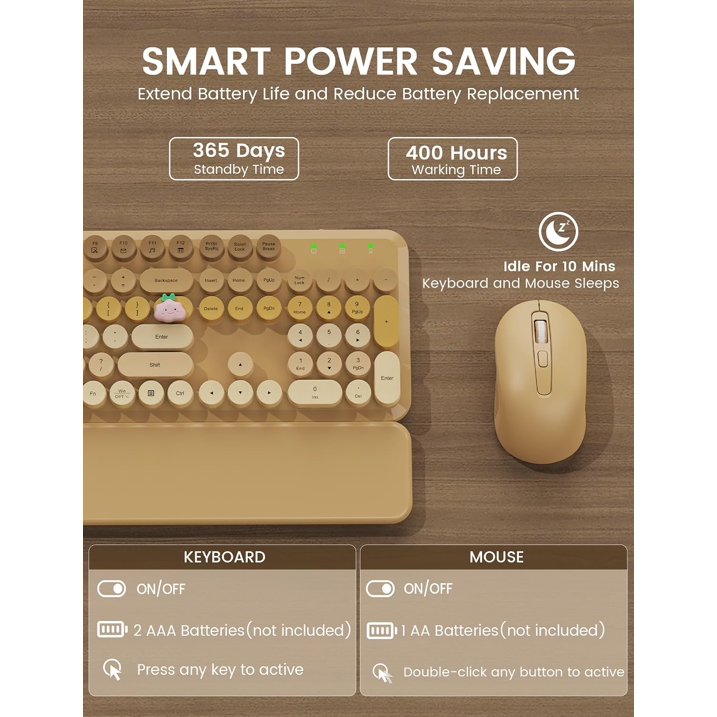 Wireless Keyboard and Mouse Combo, Retro Round Keycaps, Full Size with Detachable Wrist Rest, 2.4G for PC,Ombre Latte Beige
