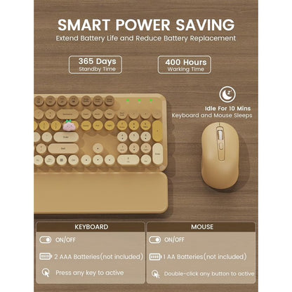 Wireless Keyboard and Mouse Combo, Retro Round Keycaps, Full Size with Detachable Wrist Rest, 2.4G for PC,Ombre Latte Beige
