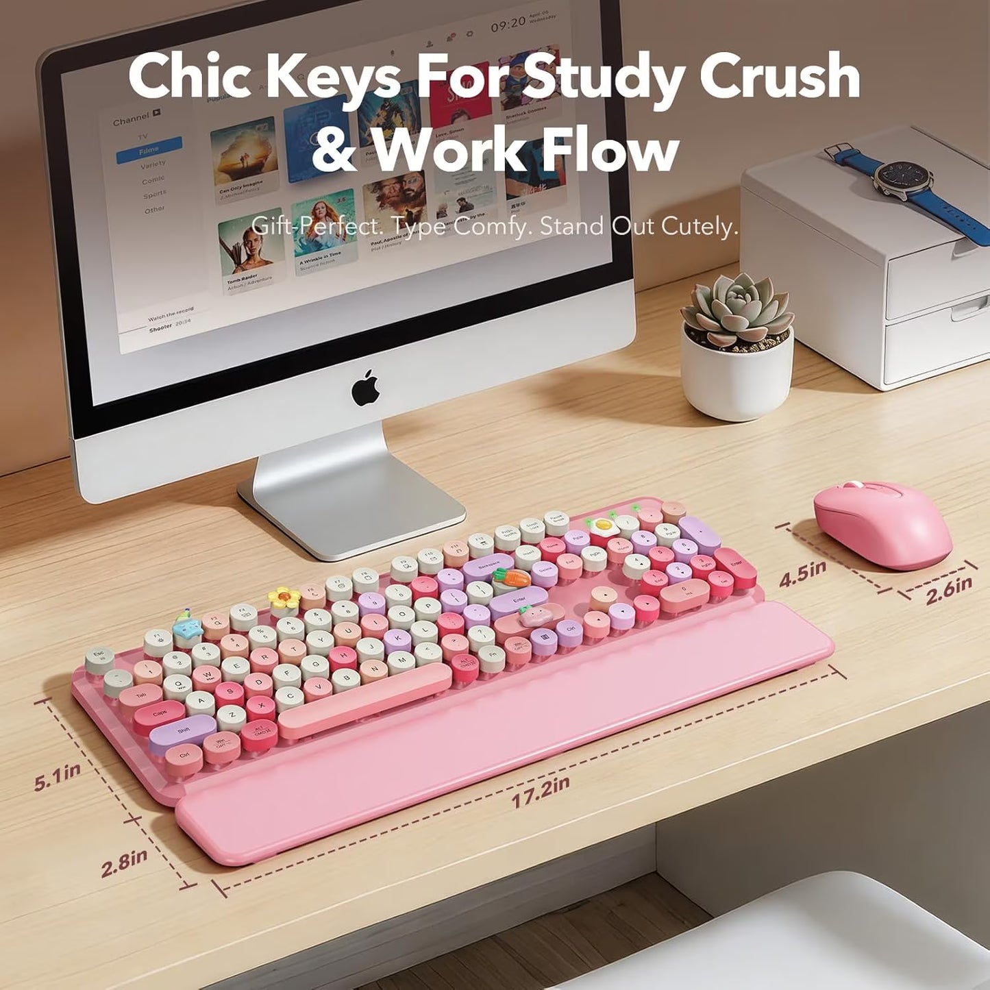 Wireless Keyboard and Mouse Combo Latte, Retro Round Keycaps, Full Size with Detachable Wrist Rest, 2.4G for PC Mac Windows