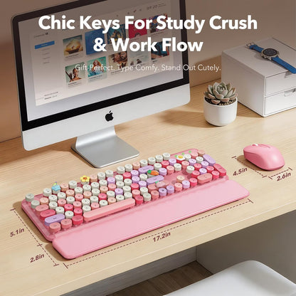 Wireless Keyboard and Mouse Combo Latte, Retro Round Keycaps, Full Size with Detachable Wrist Rest, 2.4G for PC Mac Windows