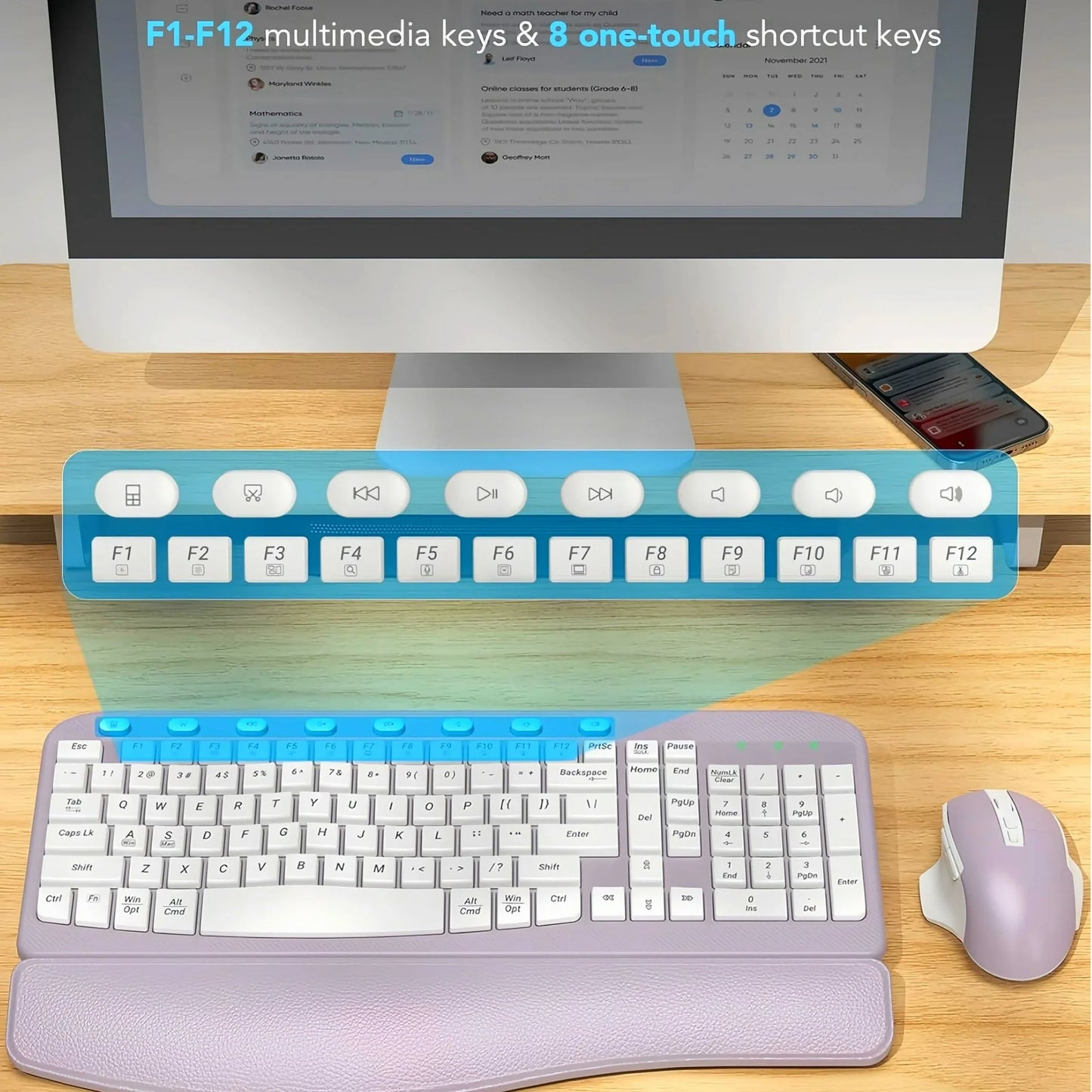 Ergonomic Wireless Keyboard and Mouse Combo, Leather Cushioned Palm Rest, Wave Keys, Silent Typing, 2.4G Lag-Free-Wagpak-Purple