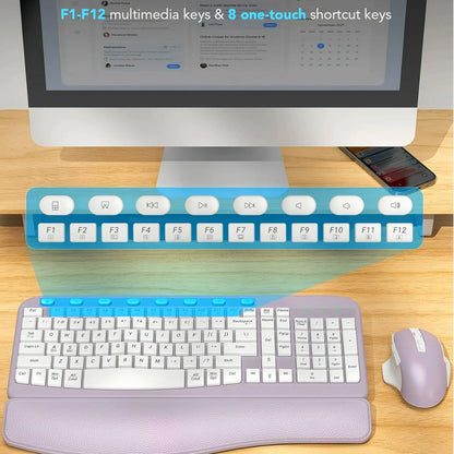 Ergonomic Wireless Keyboard and Mouse Combo, Leather Cushioned Palm Rest, Wave Keys, Silent Typing, 2.4G Lag-Free-Wagpak-Purple