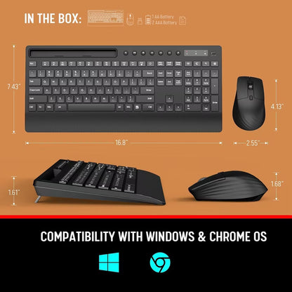 Wireless Keyboard and Mouse Combo with Full-Size Quiet, Palm Rest, Phone Holder, Multimedia Keys, Batteries Included, Compatible with Windows, PC, Laptop - Black