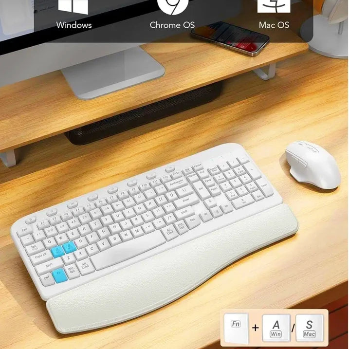Ergonomic Wireless Keyboard and Mouse Combo, Leather Cushioned Palm Rest, Wave Keys, Silent Typing, 2.4G Lag-Free-Wagpak-White