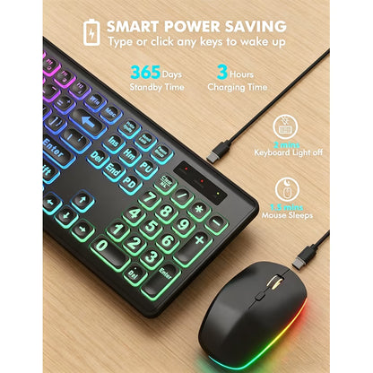 Wireless Keyboard and Mouse Combo, RGB Backlit, Rechargeable & Light Up Letters, Full-Size, Soft Typing, Sleep Mode, 2.4GHz Quiet Keyboard Set for Mac, Windows, Laptop, PC (Black)