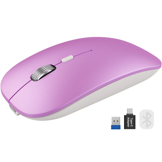 Bluetooth Wireless Mouse for MacBook, iPad, Laptop, Tri-Mode Rechargeable Silent Slim Computer Mouse for 3 Devices with USB & USB-C，Purple