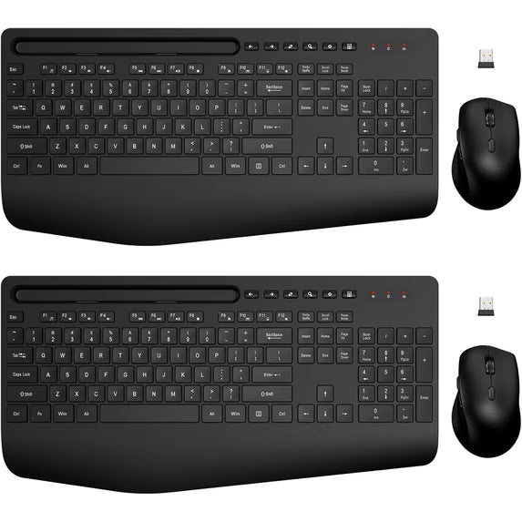 Wireless Keyboard and Mouse Combo 2 Pack Black Full Size 111 Keys QWERTY Ergonomic Wrist Rest 2.4G Quiet for PC Laptop Chromebook
