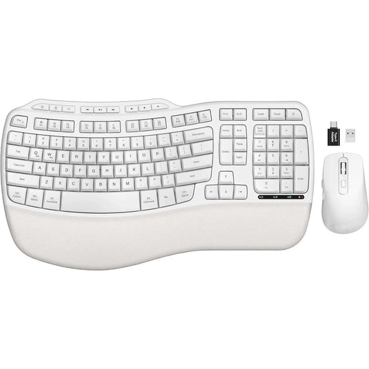 Ergonomic Wireless Keyboard and Mouse Combo, 2.4G Full Size Wave Keyboard with Cushioned Palm Rest, 3 DPI Adjustable Mouse, USB-A & C Compatible with Computer, Laptop, Mac & Tablet