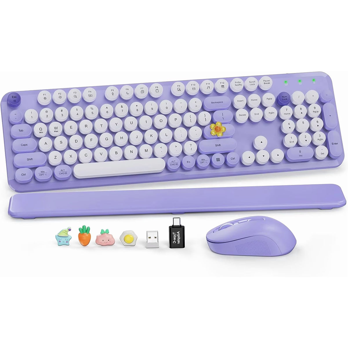 Wireless Keyboard and Mouse Combo, Retro Round Keycaps, Full Size with Detachable Wrist Rest, 2.4G for PC, Lavender Purple