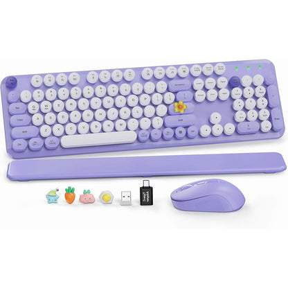 Wireless Keyboard and Mouse Combo, Retro Round Keycaps, Full Size with Detachable Wrist Rest, 2.4G for PC, Lavender Purple