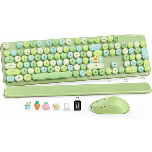 Wireless Keyboard and Mouse Combo Latte, Retro Round Keycaps, Full Size with Detachable Wrist Rest, 2.4G for PC Mac Windows