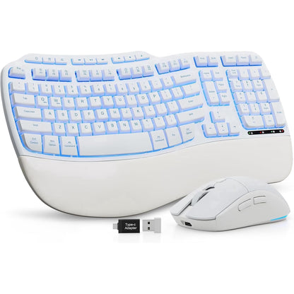 Ergonomic Wireless Keyboard and Mouse Combo, 4000mAh Rechargeable Backlit Keyboard with Lambskin Wrist Rest, Wave Keys, 10M Keystroke, USB-A/C Plug & Play for Windows Mac Chrome OS