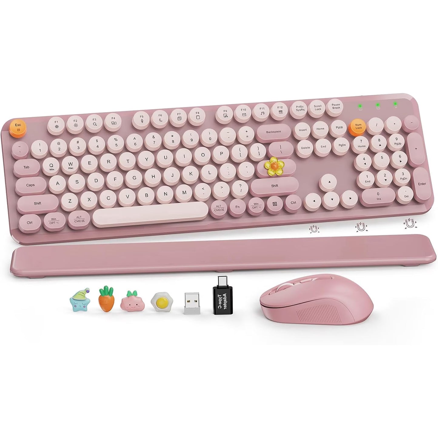 Wireless Keyboard and Mouse Combo Latte, Retro Round Keycaps, Full Size with Detachable Wrist Rest, 2.4G for PC Mac Windows