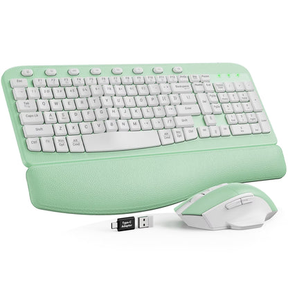 Ergonomic Wireless Keyboard and Mouse Combo, Leather Cushioned Palm Rest, Wave Keys, Silent Typing, 2.4G Lag-Free-Green