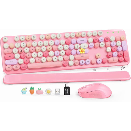Wireless Keyboard and Mouse Combo Latte, Retro Round Keycaps, Full Size with Detachable Wrist Rest, 2.4G for PC Mac Windows
