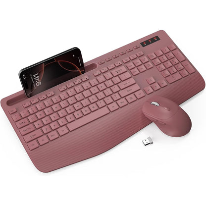 Wireless Keyboard and Mouse Combo, Full-Size Ergonomic Set with Wrist Rest & Phone Holder, 2.4G Wireless Plug & Play for PC, Laptop, Home & Office Use Claret