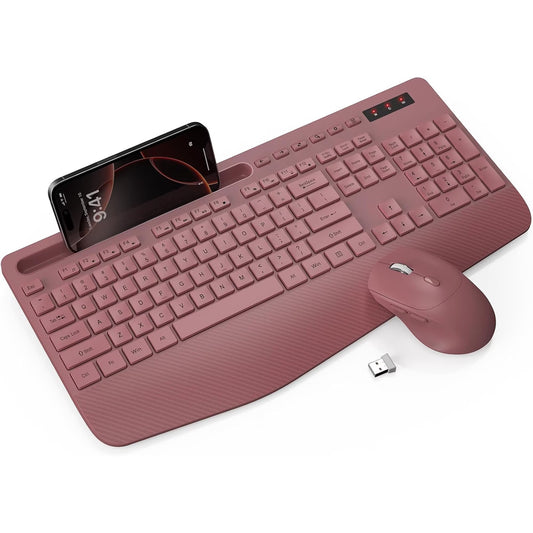 Wireless Keyboard and Mouse Combo, Full-Size Ergonomic Set with Wrist Rest & Phone Holder, 2.4G Wireless Plug & Play for PC, Laptop, Home & Office Use Claret