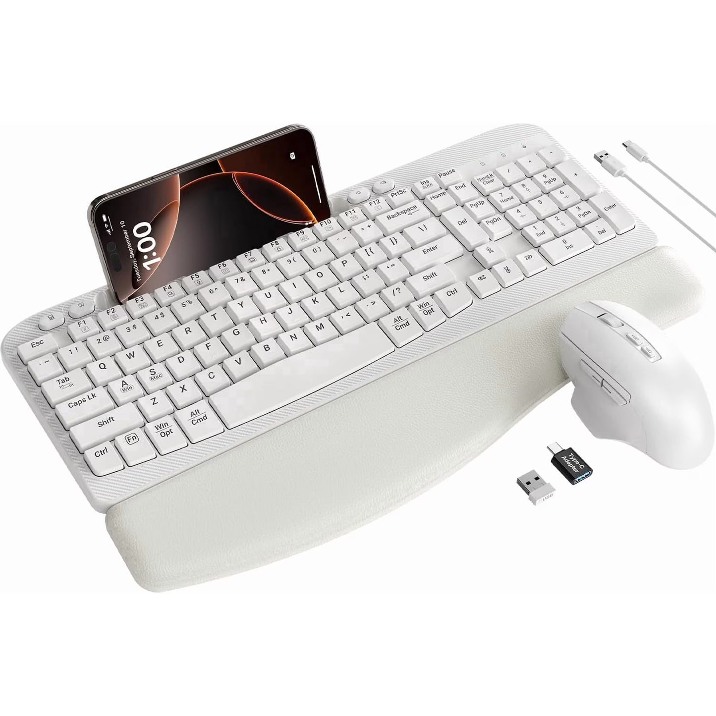Ergonomic Wireless Keyboard & Mouse Combo - Rechargeable Type-C, Cushioned Wrist Rest, 7.28” Phone Holder, Silent Mouse, 2.4G Lag-Free for Windows/Mac,White