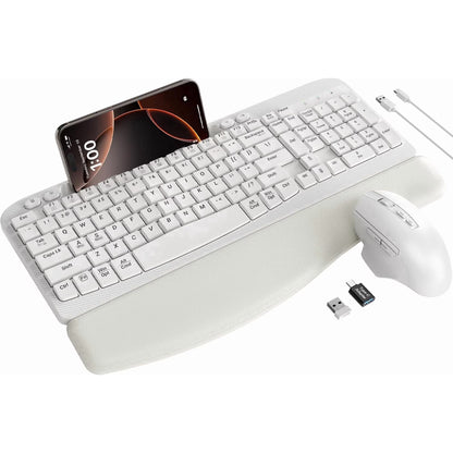 Ergonomic Wireless Keyboard & Mouse Combo - Rechargeable Type-C, Cushioned Wrist Rest, 7.28” Phone Holder, Silent Mouse, 2.4G Lag-Free for Windows/Mac,White