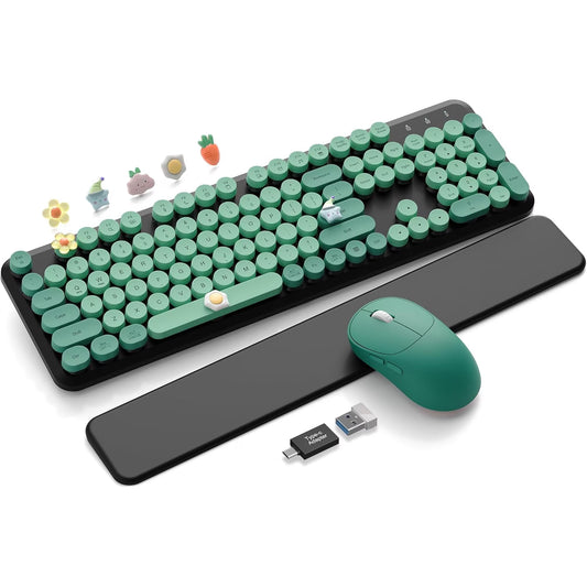 Wireless Keyboard & Mouse Set – Retro Round Keycaps, Detachable Wrist Rest, 2.4GHz Cordless Connection for Mac/Windows/PC