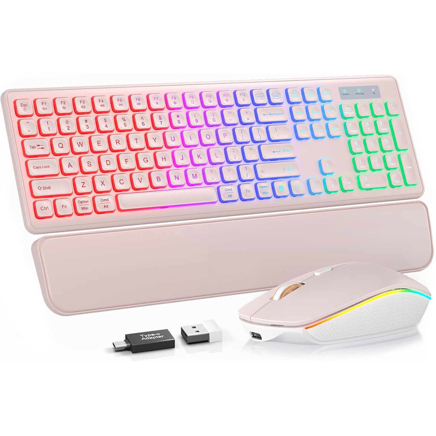 Wireless Keyboard and Mouse Combo, Rechargeable RGB Backlit with Light Up Letters, for Mac, Windows, PC & Laptop, Pastel Pink
