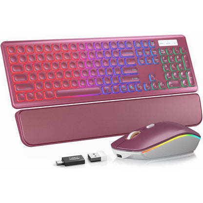 Wireless Keyboard and Mouse Combo, Rechargeable RGB Backlit with Light Up Letters, for Mac, Windows, PC & Laptop, Berry Red