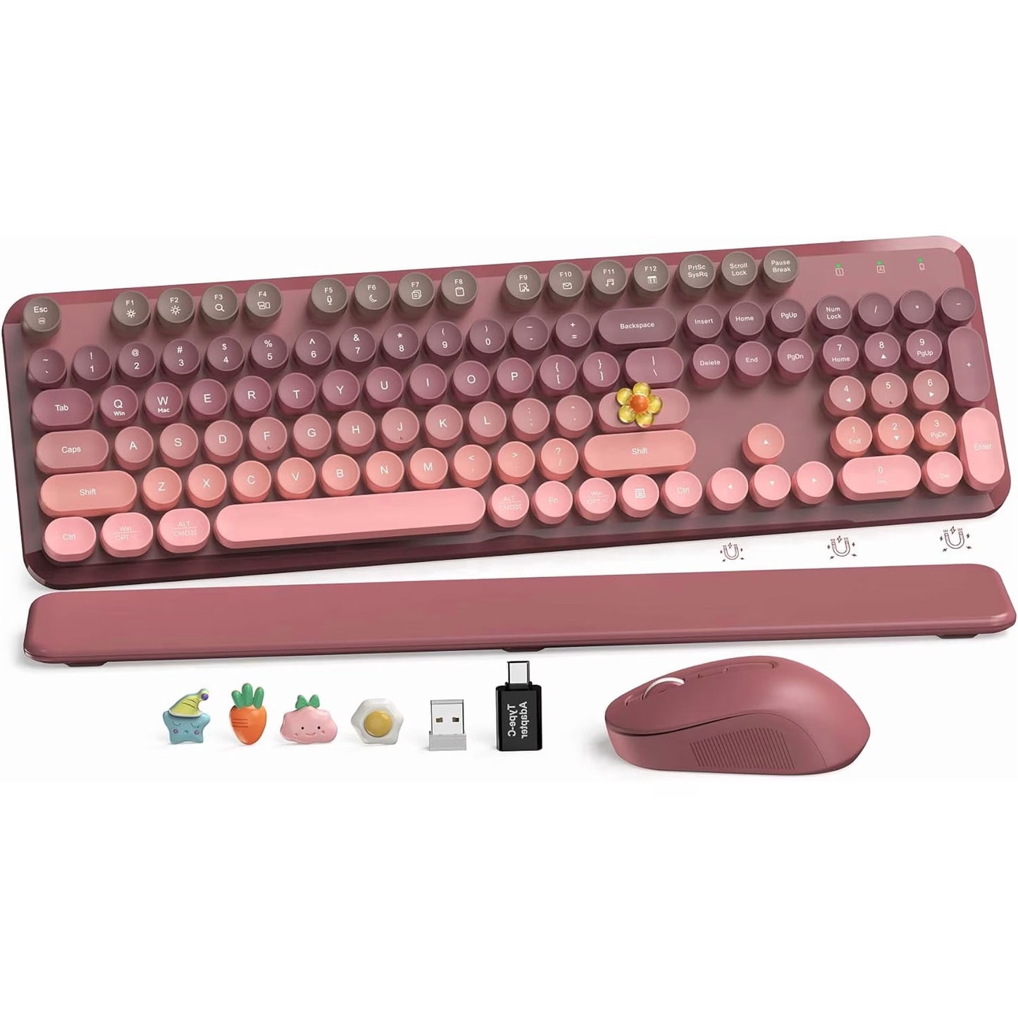 Wireless Keyboard and Mouse Combo Latte, Retro Round Keycaps, Full Size with Detachable Wrist Rest, 2.4G for PC Mac Windows