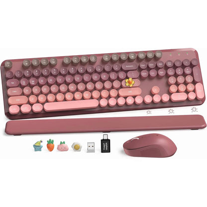 Wireless Keyboard and Mouse Combo Latte, Retro Round Keycaps, Full Size with Detachable Wrist Rest, 2.4G for PC Mac Windows