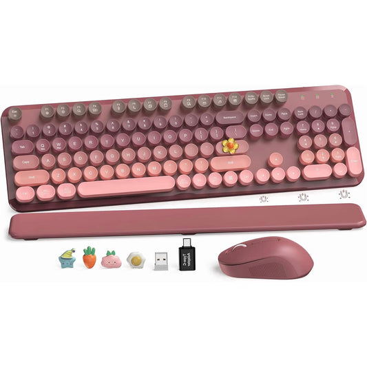 Wireless Keyboard and Mouse Combo Latte, Retro Round Keycaps, Full Size with Detachable Wrist Rest, 2.4G for PC Mac Windows