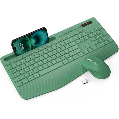 Wireless Keyboard and Mouse Combo, Full-Size Ergonomic Set with Wrist Rest & Phone Holder, 2.4G Wireless Plug & Play for PC, Laptop, Home & Office Use Sage Green