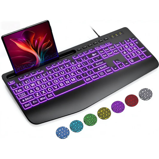 Large Print Wired Backlit Keyboard with 7-Color Backlight, Wrist Rest, Phone Holder, Oversized Keys, USB Plug & Play for PC Laptop Desktop Windows, Black