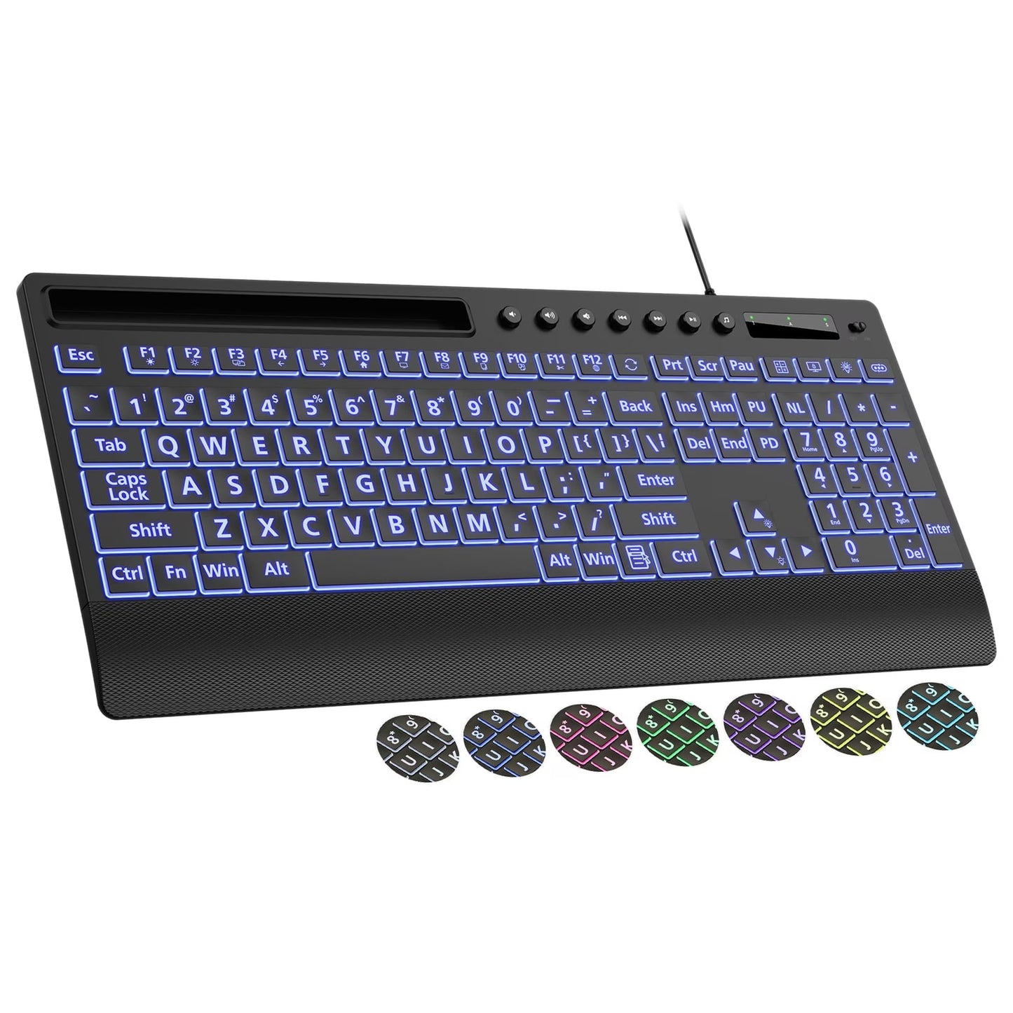Large Print Wired Backlit Keyboard with Wrist Rest, Phone Holder, Backlight Memory, Quiet Keys, Ergonomic Keyboard for PC Laptop