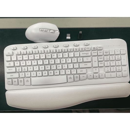 Ergonomic Wireless Keyboard and Mouse Combo, Leather Cushioned Palm Rest, Wave Keys, Silent Typing, 2.4G Lag-Free-Wagpak-White