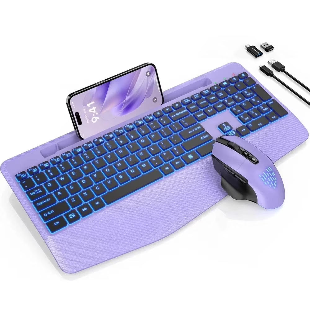 Wireless Keyboard and Mouse Backlit, Rechargeable Ergonomic Keyboard with Wrist Rest, LED Mouse, Phone Holder, Silent for Computer, Mac, PC, Laptop, Chromebook-Purple